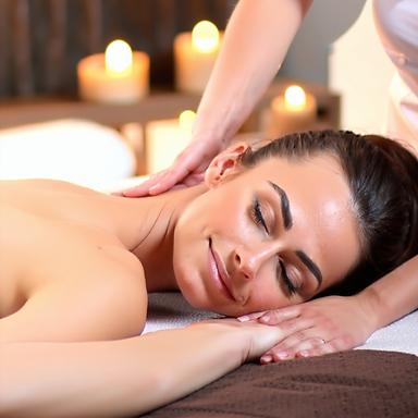 Client détendu sur table de massage, lumière tamisée